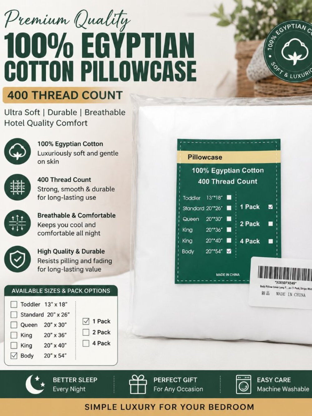Luxury 100% Egyptian Cotton Body Pillowcase White 400 Thread Count Soft Breathab